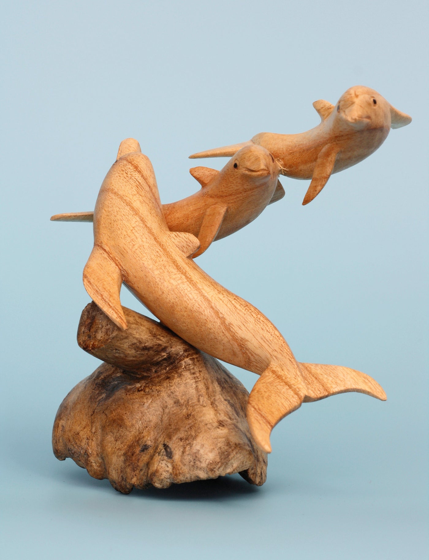Wooden Hand Carved 3 Dolphins Statue Sculpture Wood Decorative Home Decor Accent Fish Figurine Handcrafted Handmade Tropical Nautical Ocean Coastal