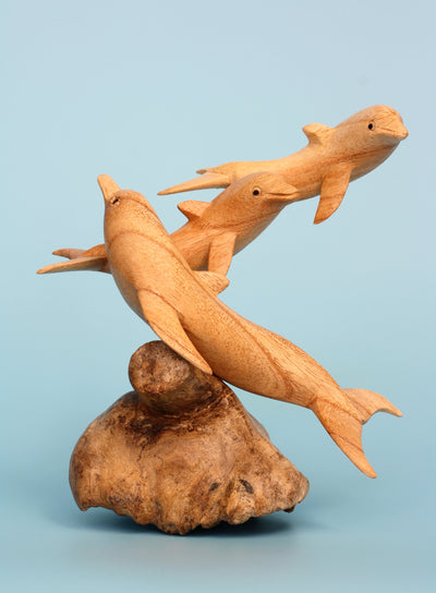 Wooden Hand Carved 3 Dolphins Statue Sculpture Wood Decorative Home Decor Accent Figurine Handcrafted Handmade Seaside Tropical Nautical Ocean Coastal Decoration