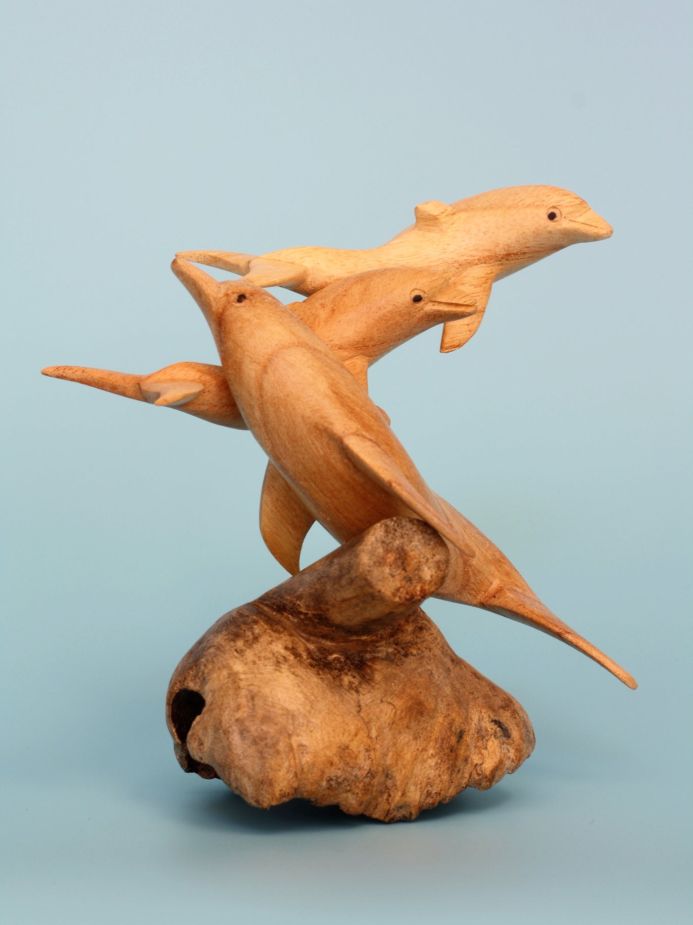 Wooden Hand Carved 3 Dolphins Statue Sculpture Wood Decorative Home Decor Accent Fish Figurine Handcrafted Handmade Tropical Nautical Ocean Coastal