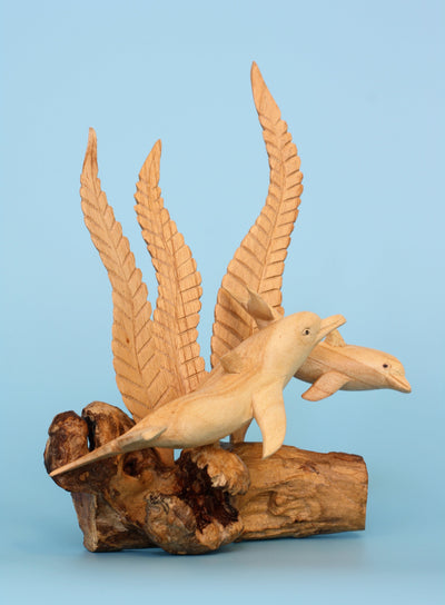 Wooden Hand Carved 2 Dolphins with Seaweed Statue Sculpture Wood Home Decor Accent Fish Figurine Handcrafted Handmade Tropical Nautical Ocean Coastal