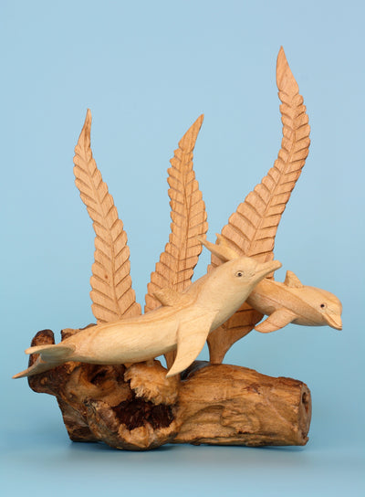 Wooden Hand Carved 2 Dolphins with Seaweed Statue Sculpture Wood Decorative Home Decor Accent Figurine Handcrafted Handmade Seaside Tropical Nautical Ocean Coastal Decoration