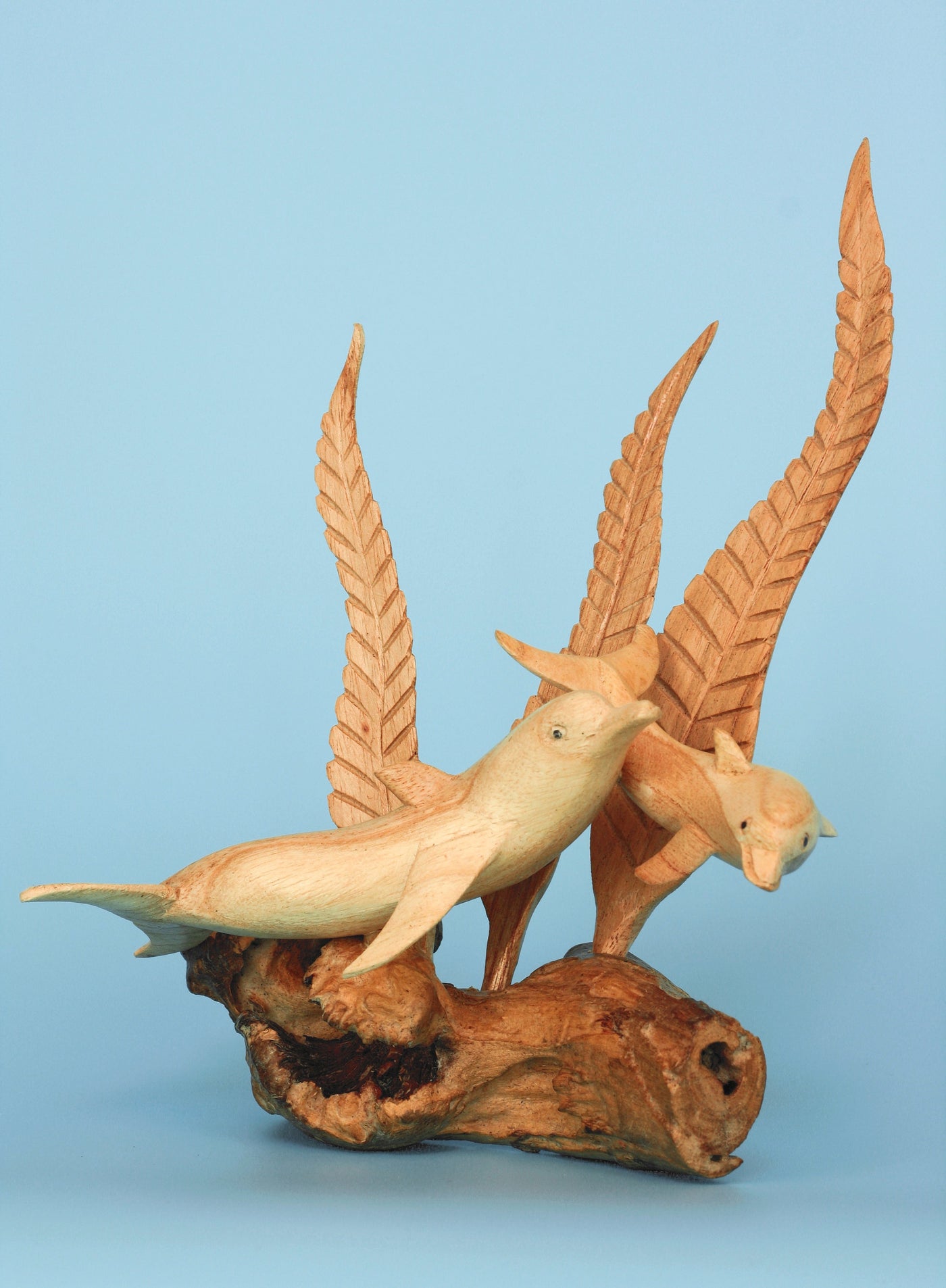 Wooden Hand Carved 2 Dolphins with Seaweed Statue Sculpture Wood Home Decor Accent Fish Figurine Handcrafted Handmade Tropical Nautical Ocean Coastal