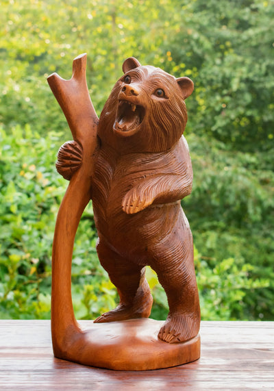 Wooden Hand Carved Grizzly Bear in a Tree Statue Handcrafted Handmade Figurine Sculpture Art Lodge Cabin Outdoor Indoor Home Decor Accent Decoration