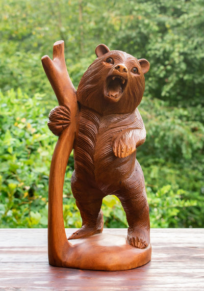 Wooden Hand Carved Grizzly Bear in a Tree Statue Handcrafted Handmade Figurine Sculpture Art Lodge Cabin Outdoor Indoor Home Decor Accent Decoration