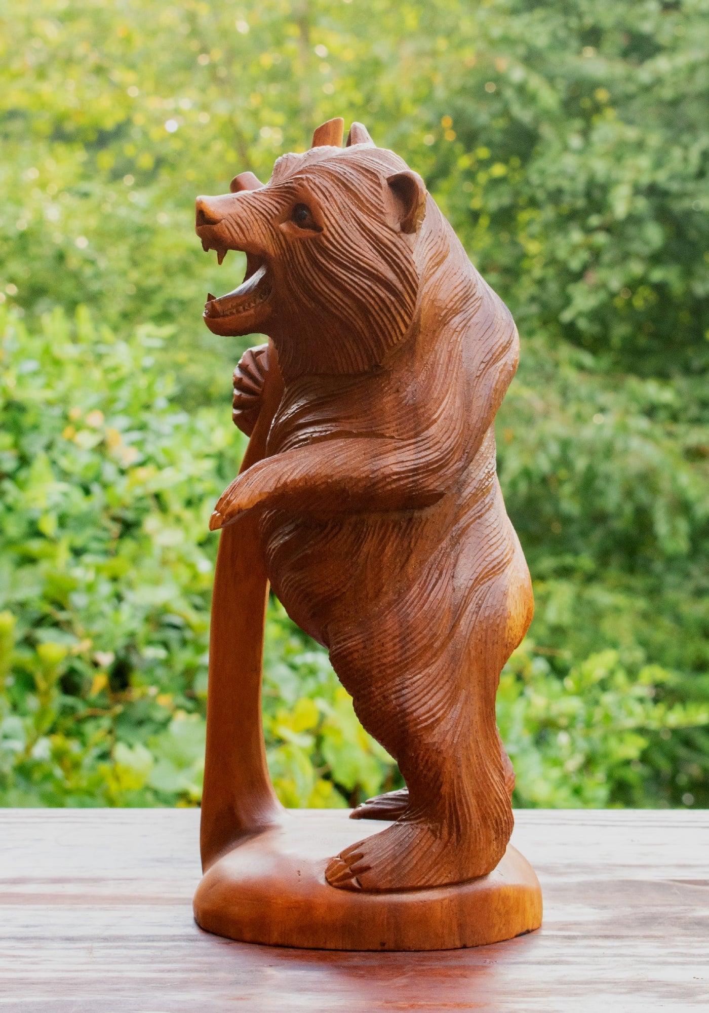 Wooden Hand Carved Grizzly Bear in a Tree Statue Handcrafted Handmade Figurine Sculpture Art Lodge Cabin Outdoor Indoor Home Decor Accent Decoration