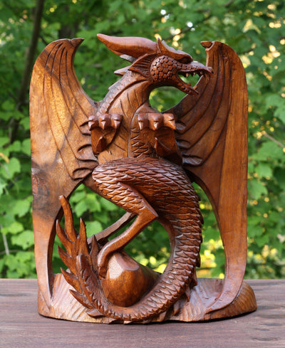 12" Wooden Handmade Skyrim Dragon Statue Sculpture Handcrafted Gift Art Decorative Home Decor Figurine Accent Decoration Artwork Hand Carved