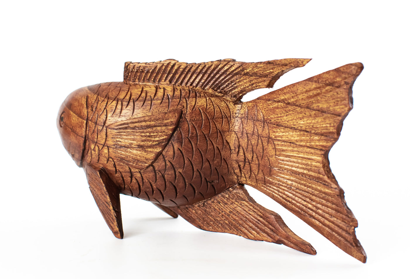 Wooden Hand Carved Koi Fish Statue Figurine Sculpture Art Home Decor Accent Handmade Handcrafted Seaside Tropical Nautical Ocean Coastal Decoration