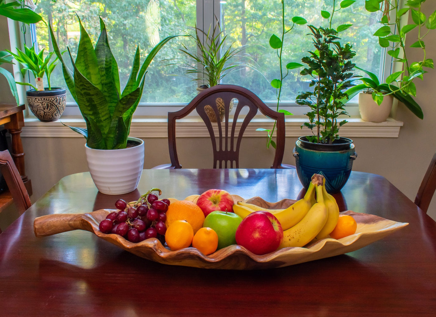 30" Wooden Handmade Decorative Fruit Salad Bowl Kitchen Centerpiece Dining Tray Hand Carved Wood Banana Leaf Serving Bowl