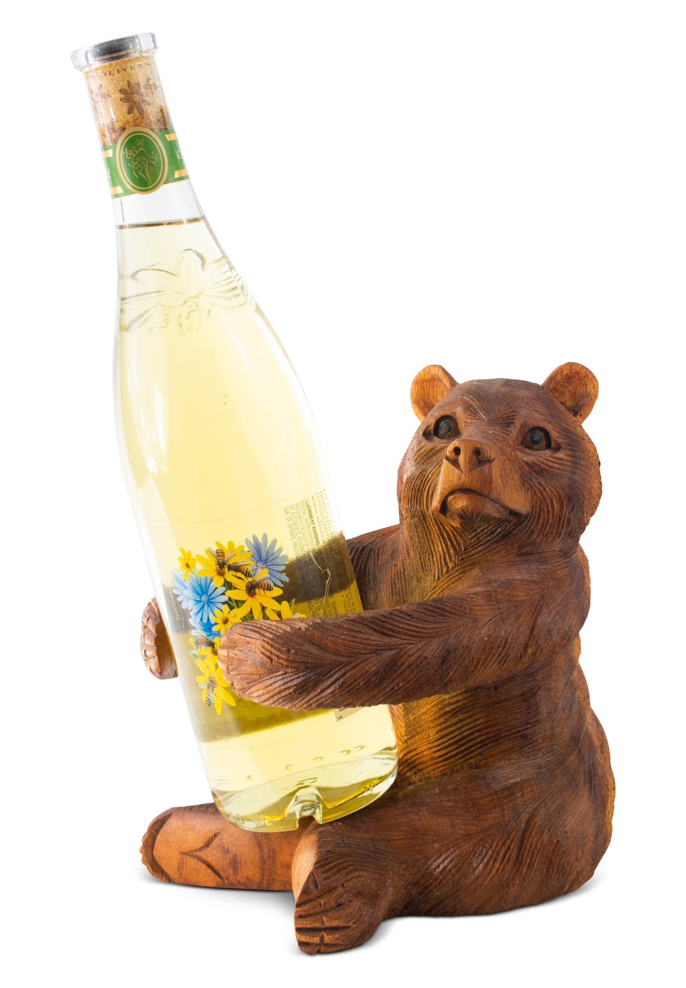 Wooden Hand Carved Grizzly Bear Wine Bottle Holder Rack Handmade Tabletop Wood Home Decor Accent Decoration Gift Bar Art Handcrafted Decorative