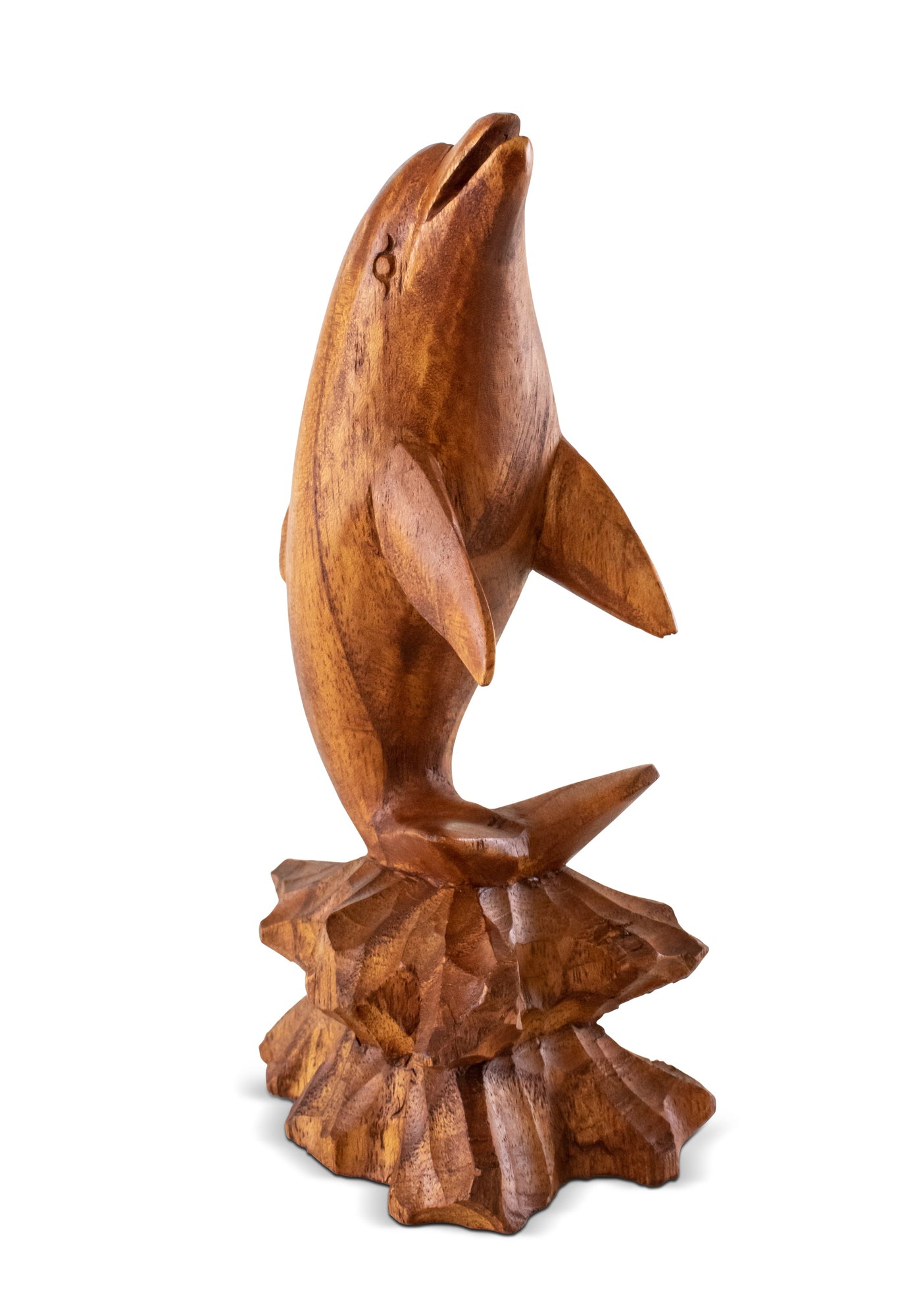 Wooden Hand Carved Dolphin on Coral Statue Sculpture Wood Decorative Decor Fish Figurine Handcrafted Handmade Seaside Tropical Nautical Ocean Coastal
