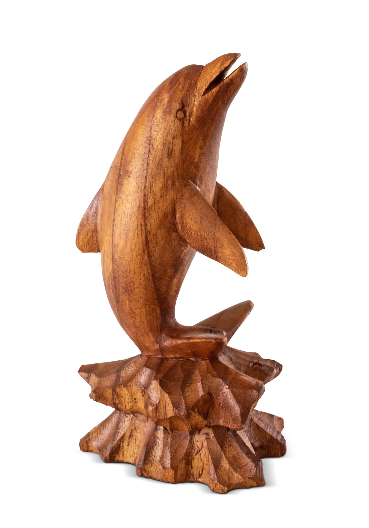 Wooden Hand Carved Dolphin on Coral Statue Sculpture Wood Decorative Decor Fish Figurine Handcrafted Handmade Seaside Tropical Nautical Ocean Coastal