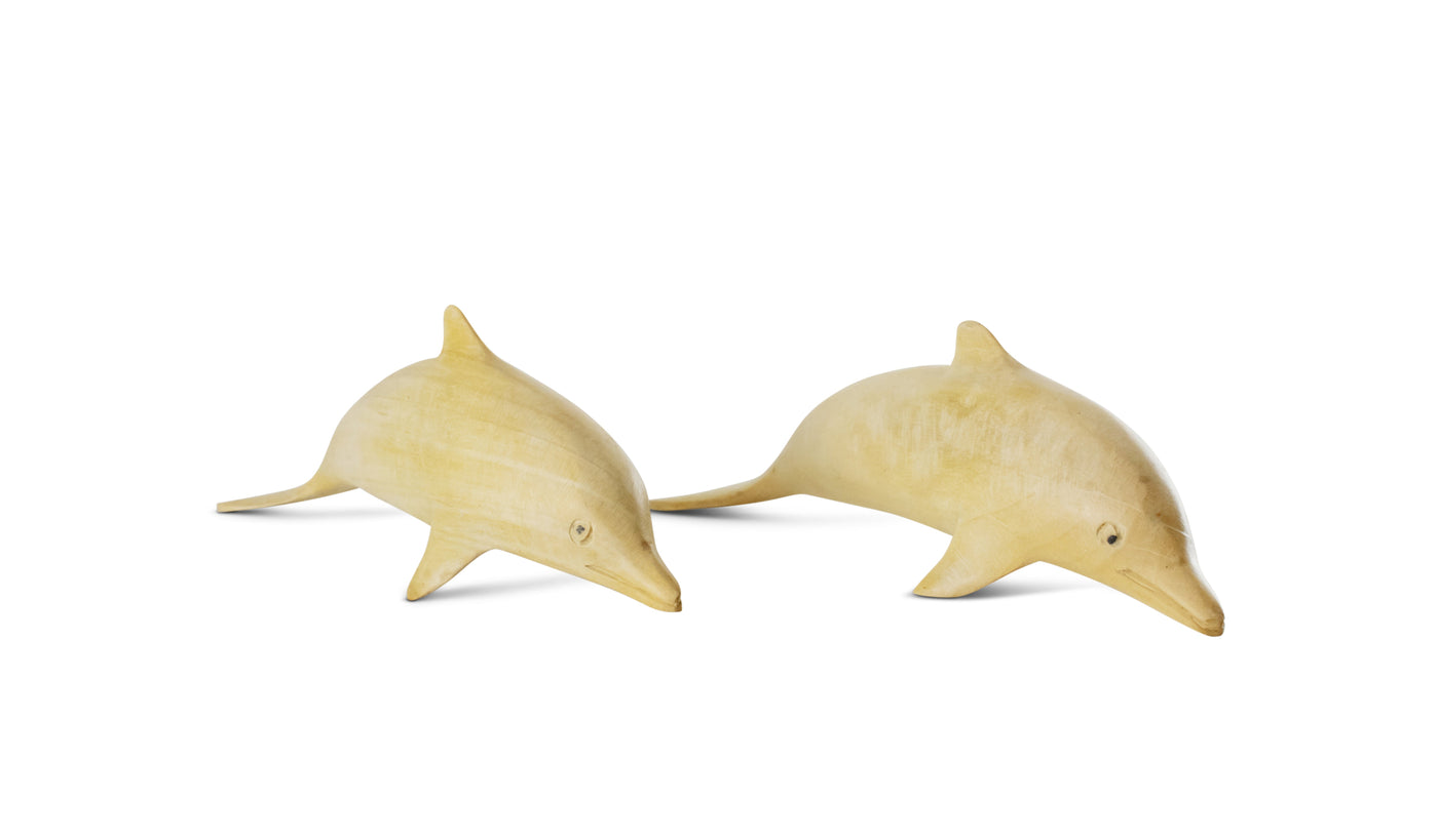 Wooden Hand Carved Set of 2 Swimming Dolphins Statue Sculpture Wood Decor Fish Figurine Handcrafted Handmade Seaside Tropical Nautical Ocean Coastal