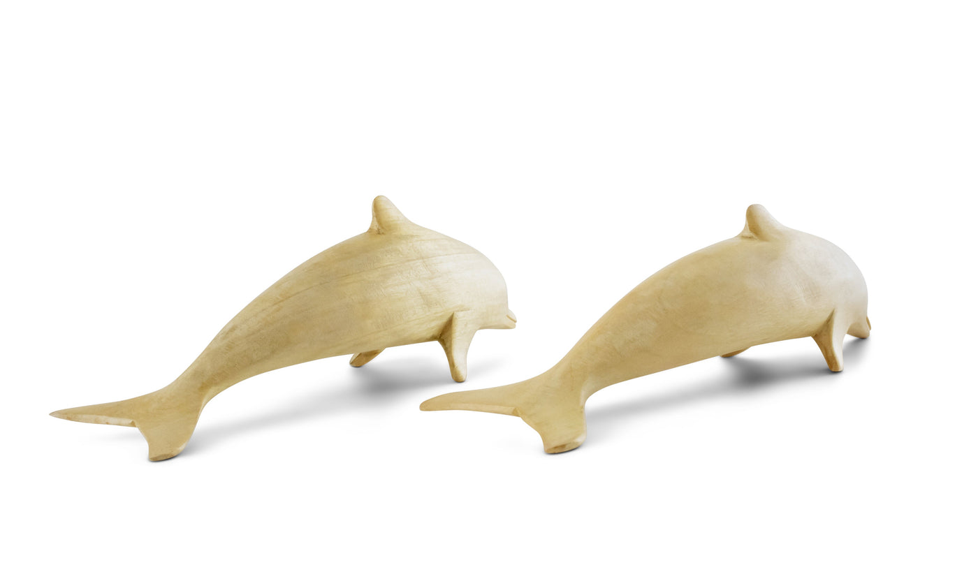 Wooden Hand Carved Set of 2 Swimming Dolphins Statue Sculpture Wood Decor Fish Figurine Handcrafted Handmade Seaside Tropical Nautical Ocean Coastal