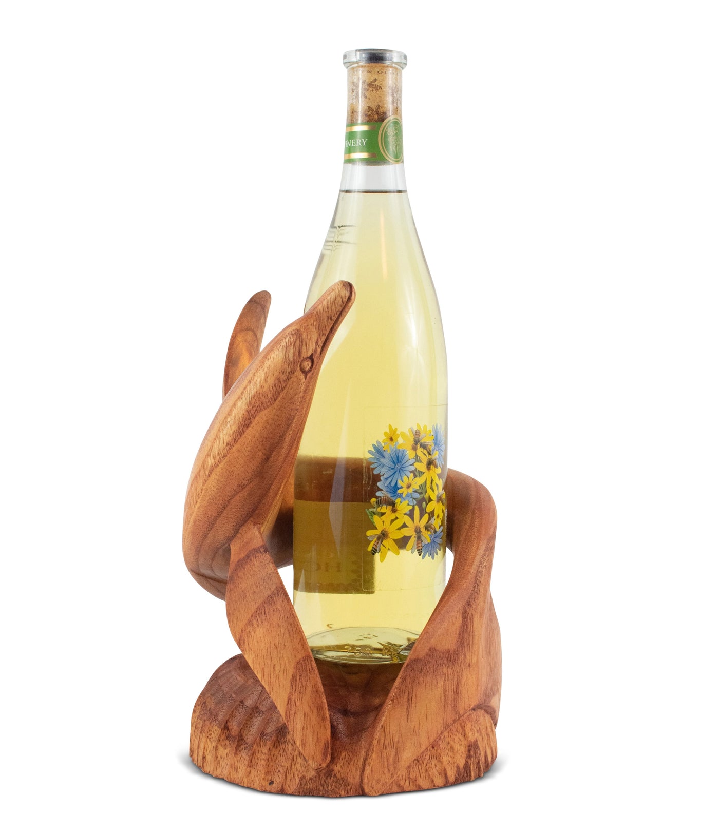 Wooden Handmade Wine Rack Bottle Holder Free Standing Dolphin Fish Wood Rustic Hand Carved Home Decor Accent Decoration Gift Bar Art Handcrafted
