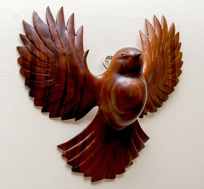 Wooden Hand Carved Starling Bird Wall Sculpture Art Decorative Statue Figurine Home Decor Accent Gift Handcrafted Hanging Decoration Handmade Brown