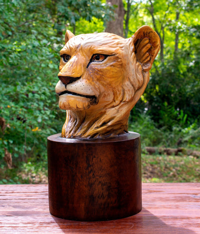 16" Solid Wood Hand Carved Tiger Statue Head Sculpture Art Decorative Home Decor Accent Lodge Wooden Handmade Figurine Handcrafted Decoration