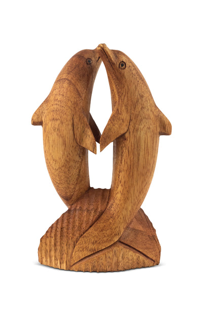 Wooden Hand Carved 2 Jumping Brown Dolphin Statue Sculpture Wood Decor Fish Figurine Handcrafted Handmade Seaside Tropical Nautical Ocean Coastal