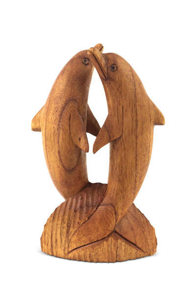 Wooden Hand Carved 2 Jumping Brown Dolphin Statue Sculpture Wood Decor Fish Figurine Handcrafted Handmade Seaside Tropical Nautical Ocean Coastal