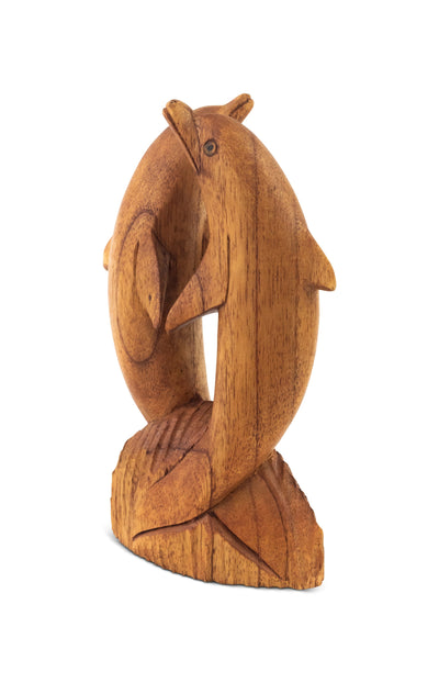 Wooden Hand Carved 2 Jumping Brown Dolphin Statue Sculpture Wood Decor Fish Figurine Handcrafted Handmade Seaside Tropical Nautical Ocean Coastal
