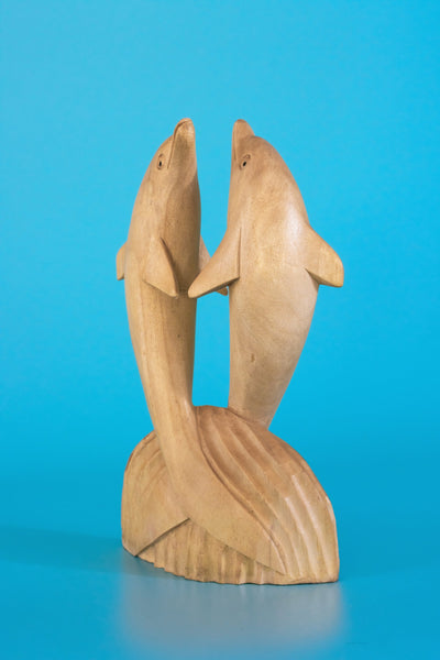 Wooden Hand Carved 2 Jumping Dolphin Statue Sculpture Wood Decor Accent Fish Figurine Handcrafted Handmade Seaside Tropical Nautical Ocean Coastal