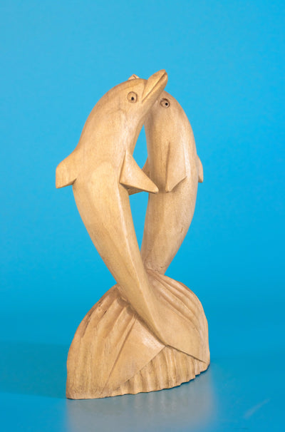 Wooden Hand Carved 2 Jumping Dolphin Statue Sculpture Wood Decor Accent Fish Figurine Handcrafted Handmade Seaside Tropical Nautical Ocean Coastal