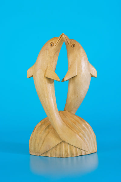 Wooden Hand Carved 2 Jumping Dolphin Statue Sculpture Wood Decor Accent Fish Figurine Handcrafted Handmade Seaside Tropical Nautical Ocean Coastal