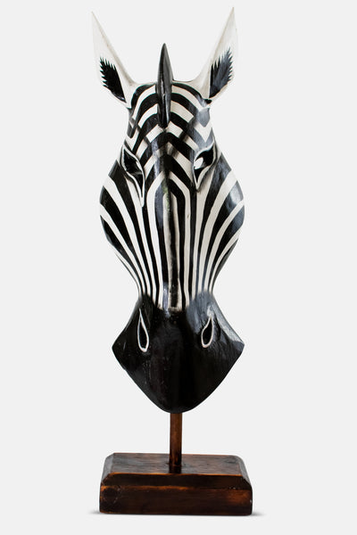 20" Wooden Tribal Striped Black White Zebra Mask with Stand Hand Carved Home Decor Accent Art Unique Sculpture Decoration Handmade Handcrafted Mask Stand Alone