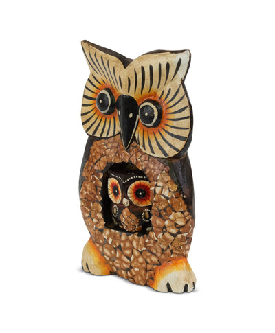 Wooden Handmade Owl Statue with Baby Owl Painted Handcrafted Figurine Art Home Decor Sculpture Hand Carved Decorative Decoration Cute