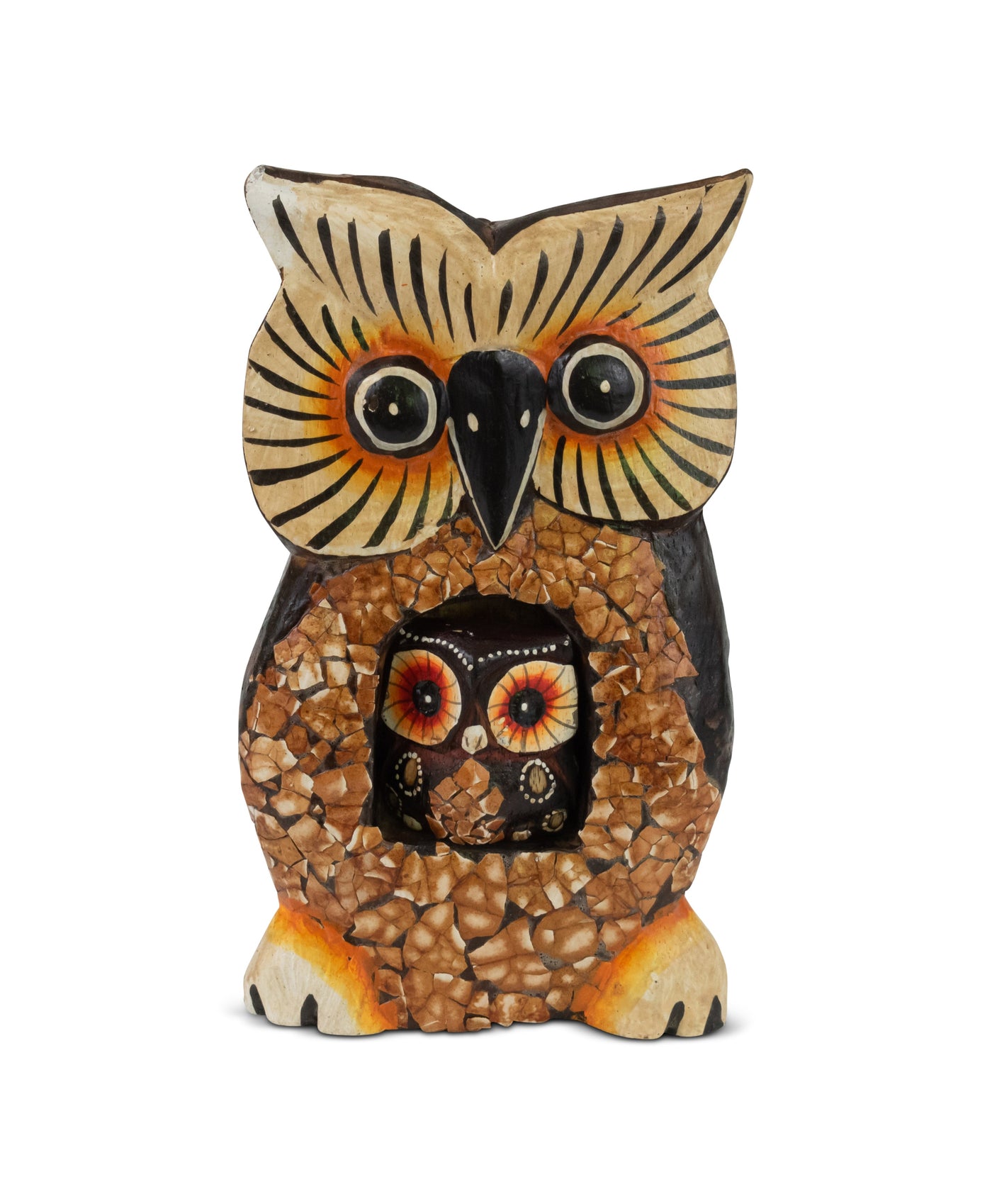 Wooden Handmade Owl Statue with Baby Owl Painted Handcrafted Figurine Art Home Decor Sculpture Hand Carved Decorative Decoration Cute