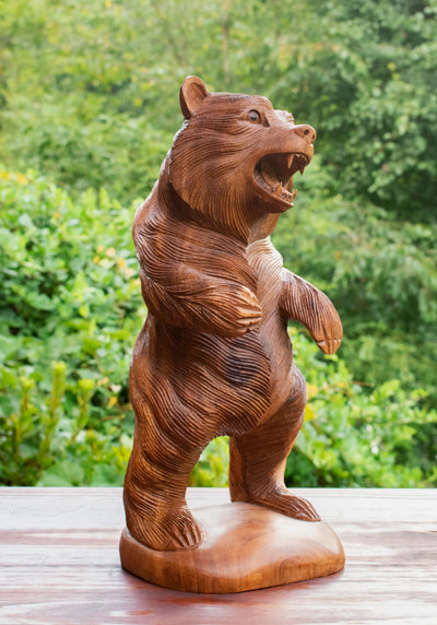 Wooden Hand Carved Grizzly Bear Standing Statue Handcrafted Handmade Figurine Sculpture Art Rustic Lodge Cabin Outdoor Indoor Home Decor Accent Decoration