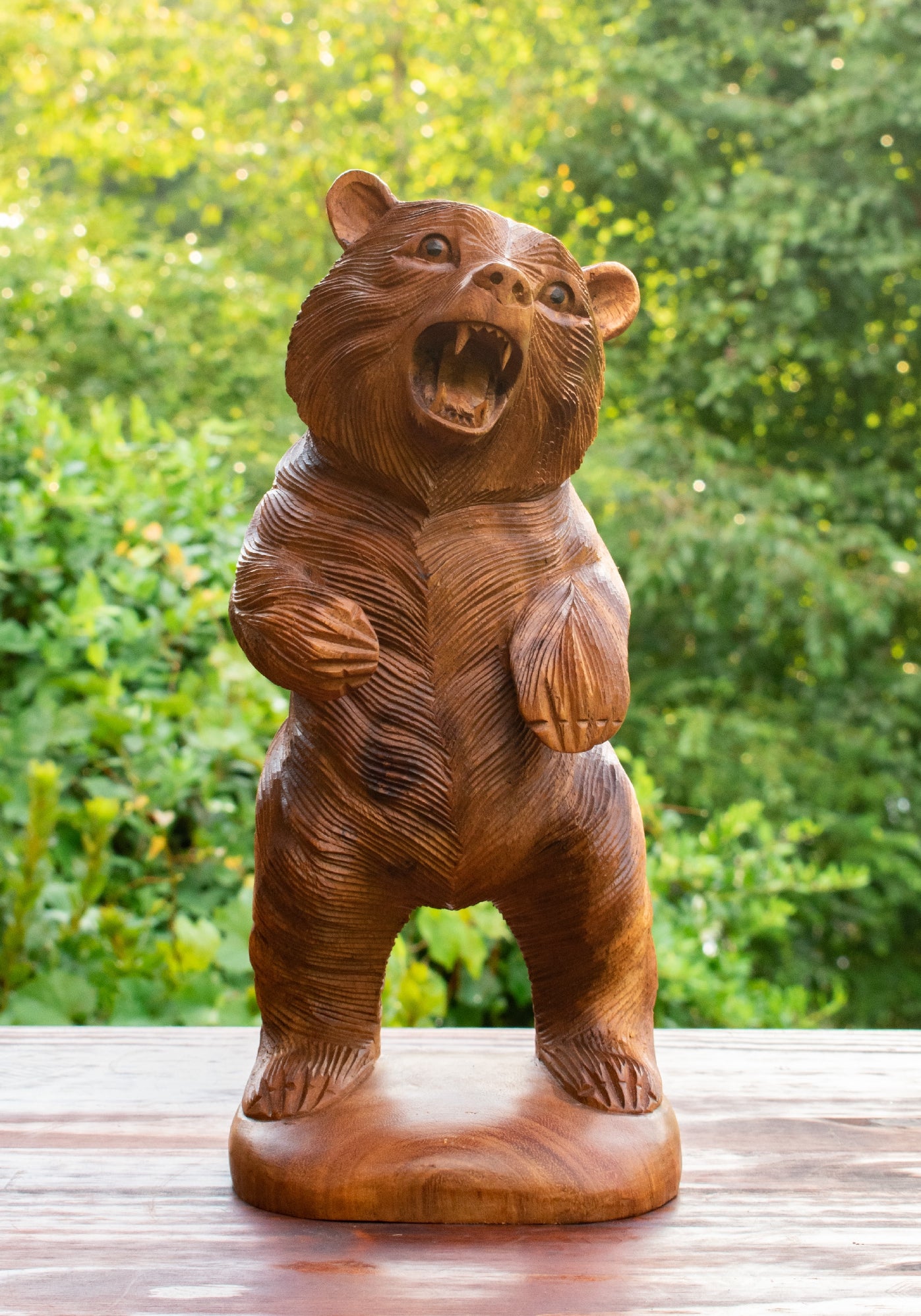 Wooden Hand Carved Grizzly Bear Standing Statue Handcrafted Handmade Figurine Sculpture Art Rustic Lodge Cabin Outdoor Indoor Home Decor Accent Decoration