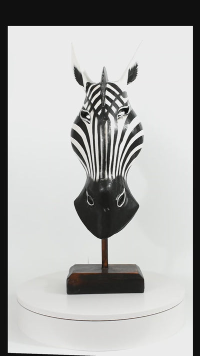 20" Wooden Tribal Striped Black White Zebra Mask with Stand Hand Carved Home Decor Accent Art Unique Sculpture Handmade Handcrafted Mask Stand Alone
