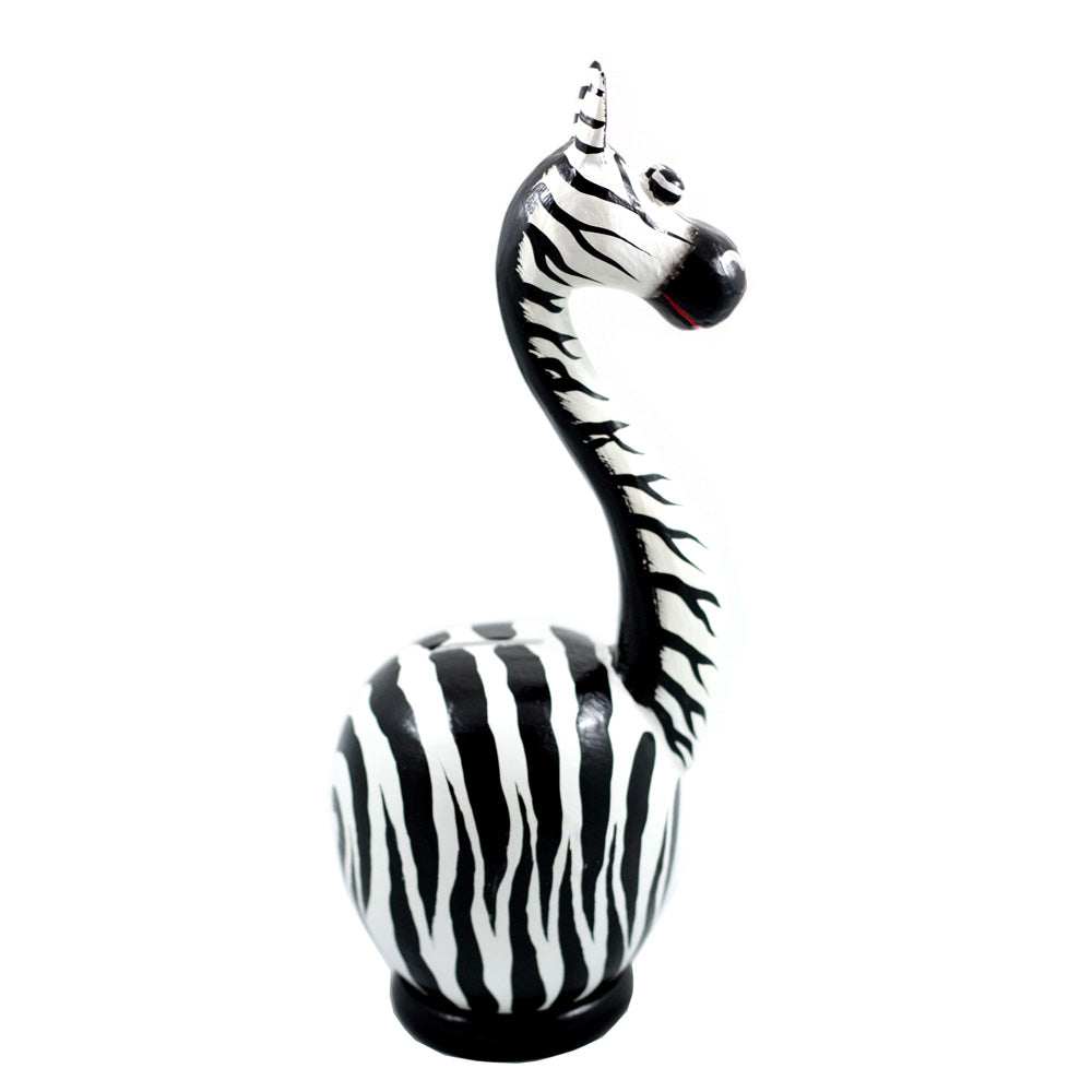 Unique Handmade Wooden Zebra Cute Coin Piggy Bank Statue Figurine Handcrafted Wood Hand Carved Keepsake Saving Money Adorable Kids Room Decor Gift