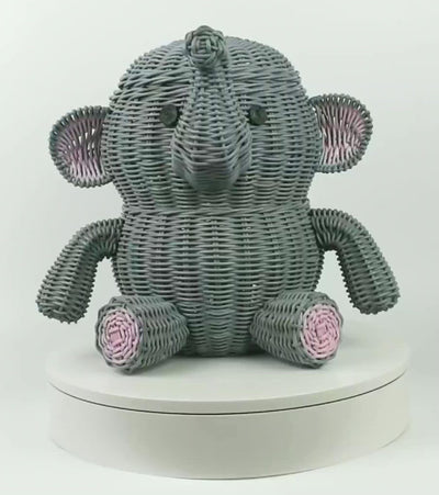 Large Gray Elephant Rattan Storage Basket With Lid Hand Woven Shelf Organizer Handmade Gift Wicker