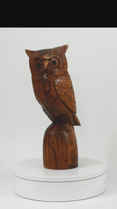 Wooden Handmade Owl Standing on a Tree Branch Statue Figurine Handcrafted Art Home Decor Hoot Sculpture Hand Carved Accent Decoration