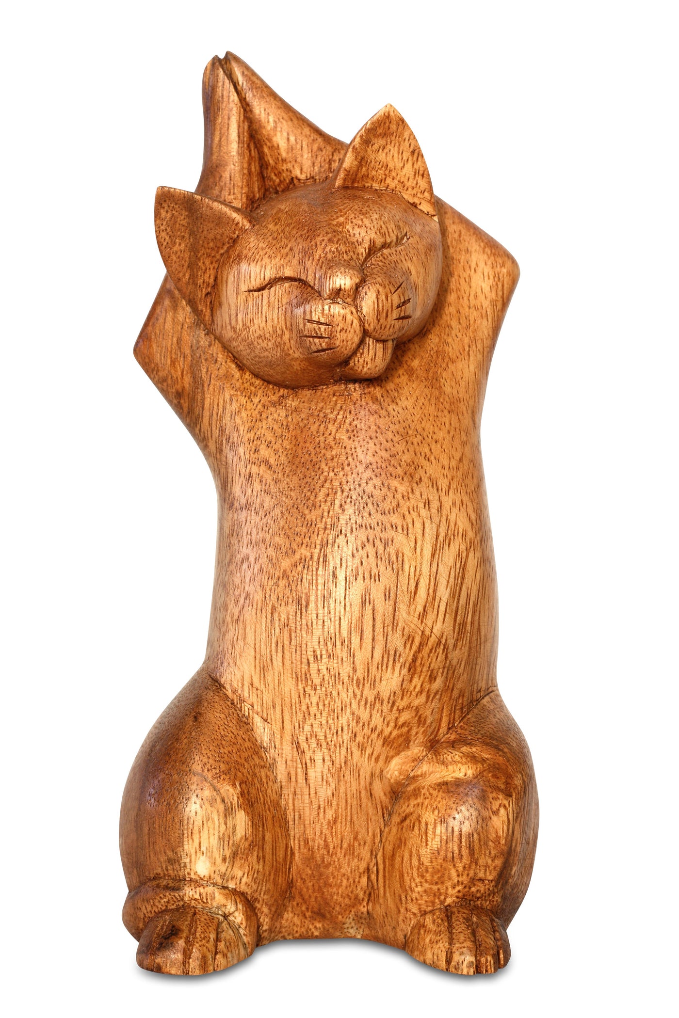 Wooden Handmade Hand Carved Yoga Upward Salute Pose Cat Figurine Sculpture Statue