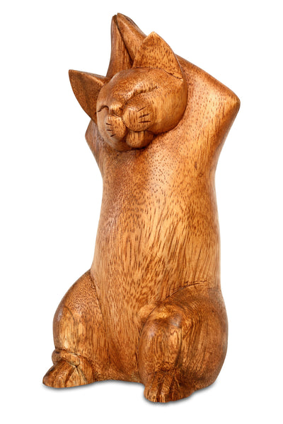 8" Wooden Handmade Hand Carved Yoga Upward Salute Pose Cat Figurine Sculpture Statue Home Decor