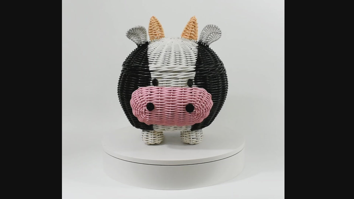 Cow Rattan Storage Basket with Lid Decorative Bin Home Decor Hand Woven Shelf Organizer Cute Handmade Handcrafted Gift Art Decoration Artwork Wicker