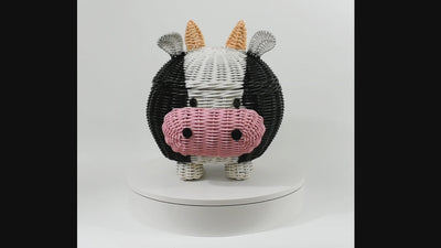 Cow Rattan Storage Basket with Lid Decorative Bin Home Decor Hand Woven Shelf Organizer Cute Handmade Handcrafted Gift Art Decoration Artwork Wicker