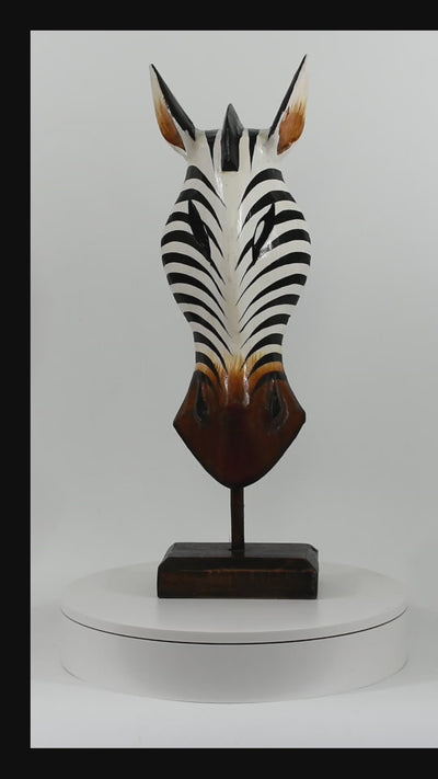20" Wooden Tribal Striped Zebra Mask with Stand Hand Carved Home Decor Accent Art Unique Sculpture Decoration Handmade Handcrafted Mask Stand Alone