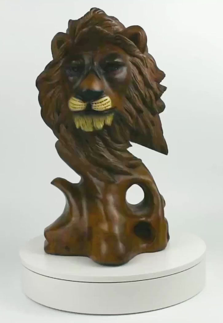 16" Solid Wood Hand Carved Lion Head Statue Sculpture Handcrafted Art Decoration Home Decor Accent Decorative Wood Figurine Handmade