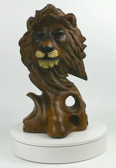 16" Solid Wood Hand Carved Lion Head Statue Sculpture Handcrafted Art Decoration Home Decor Accent Decorative Wood Figurine Handmade