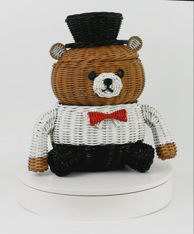 Hand Woven Prince Bear Rattan Storage Basket Decorative Home Decor Organizer Cute Handmade Handcrafted Gift Art Decoration Artwork Wicker