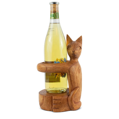 Wooden Handmade Wine Rack Bottle Holder Free Standing Siamese Cat Wood Rustic Hand Carved Home Decor Accent Gift Bar Art Handcrafted Decorative