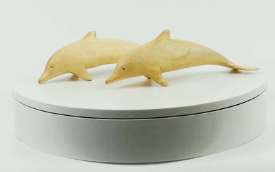 Wooden Hand Carved Set of 2 Swimming Dolphins Statue Sculpture Wood Decor Fish Figurine Handcrafted Handmade Seaside Tropical Nautical Ocean Coastal