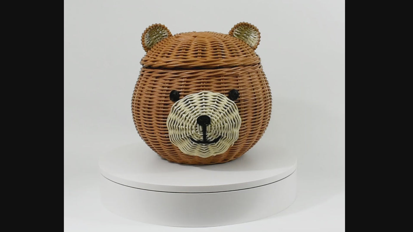 Bear Head Rattan Storage Basket with Lid Decorative Home Decor Hand Woven Shelf Organizer Cute Handmade Handcrafted Gift Art Decoration Artwork Wicker