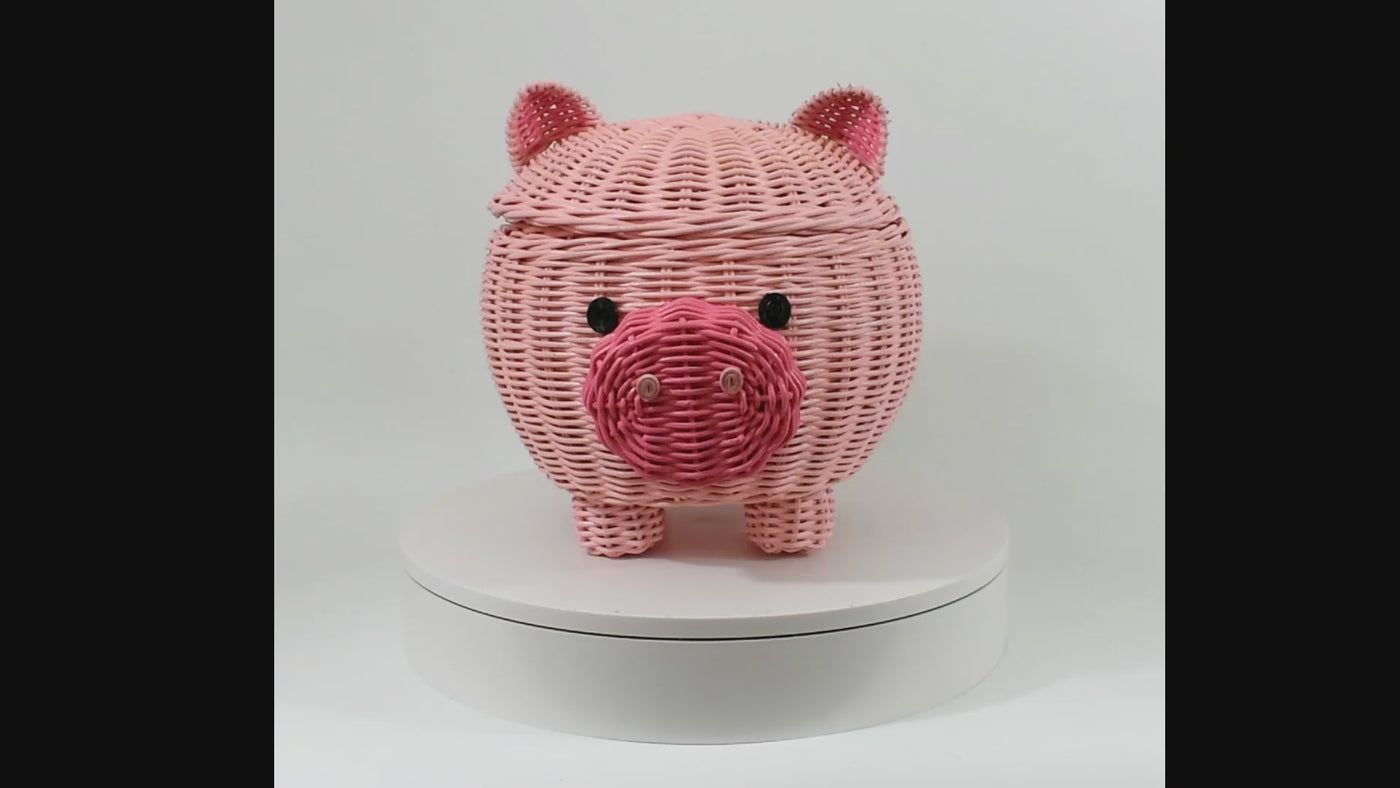 Large Pig Rattan Storage Basket With Lid Hand Woven Shelf Organizer Handmade Gift Cute Piggy Wicker