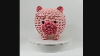 Large Pig Rattan Storage Basket With Lid Hand Woven Shelf Organizer Handmade Gift Cute Piggy Wicker