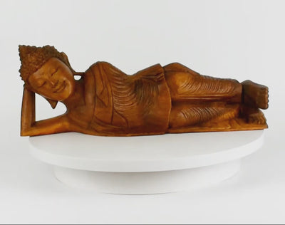 Wooden Hand Carved Serene Reclining Buddha Statue Sculpture Handmade Figurine Decorative Home Decor Accent Handcrafted Traditional Modern Lying Buddha