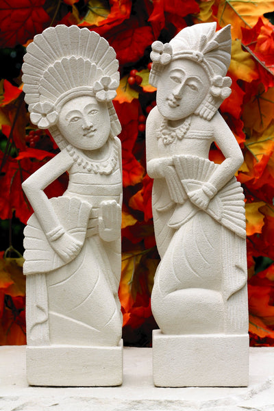 Hand Carved Limestone Sculpture Set of 2, Balinese Dancer Couple Statue Home Decor Handmade Handcrafted Gift Figurine Accent Decoration Artwork Stone